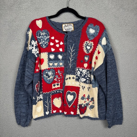 Grandma‎ Sweater Womens XL Gray Patchwork Cardigan Artsy Hearts Grannycore Knit - Picture 1 of 9